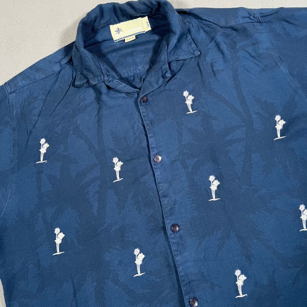 Vintage Billabong Shirt Mens Large Blue Hawaiian Button Up Loop Collar Palm Tree